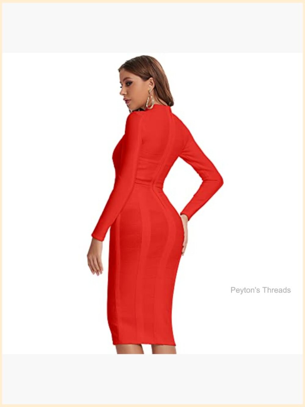 High Neck Long Sleeve Hollow Out Bandage Dress Bodycon Midi - Picture 3 of 4